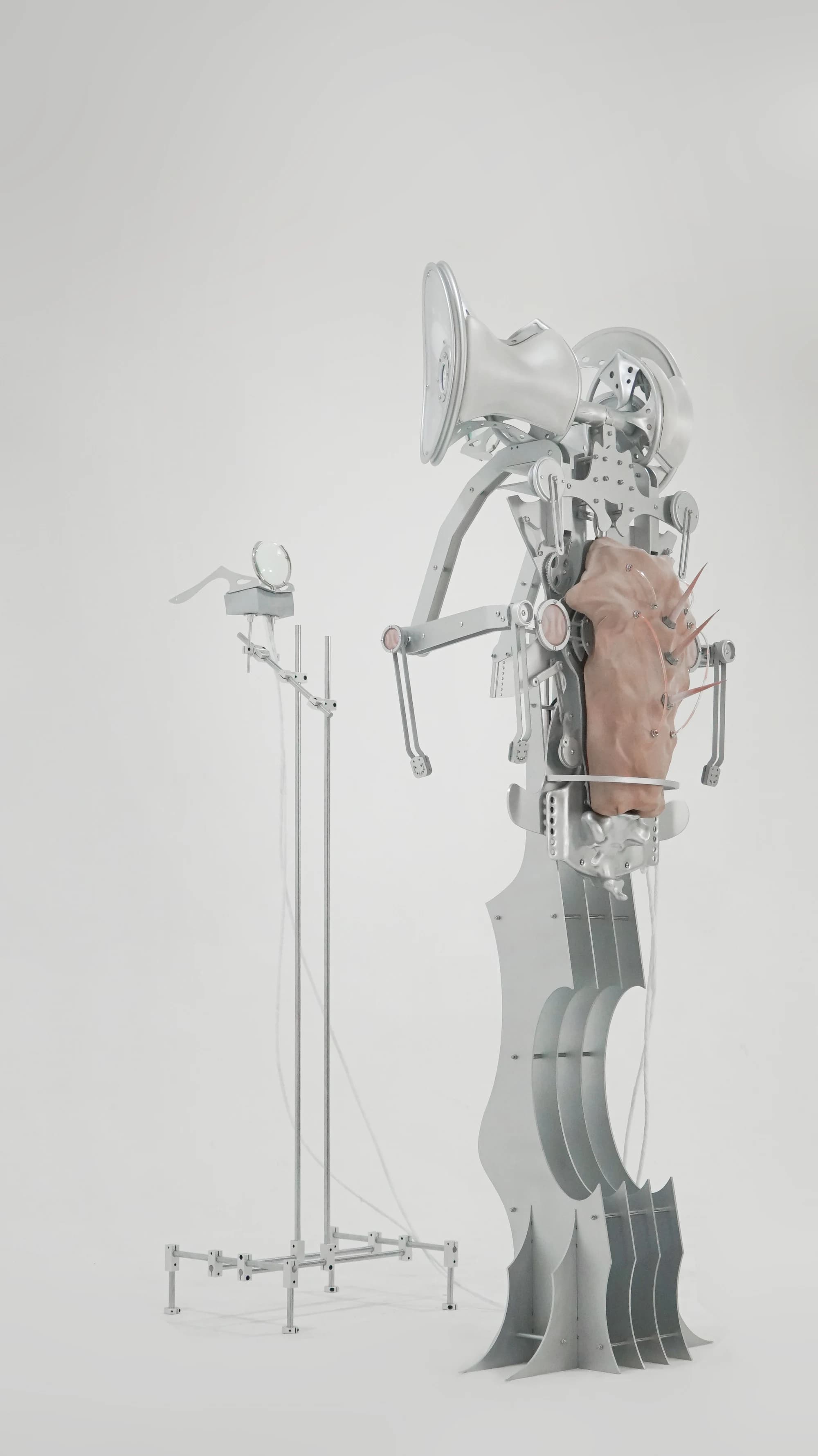 Full view of the tall silver wearable breathing apparatus