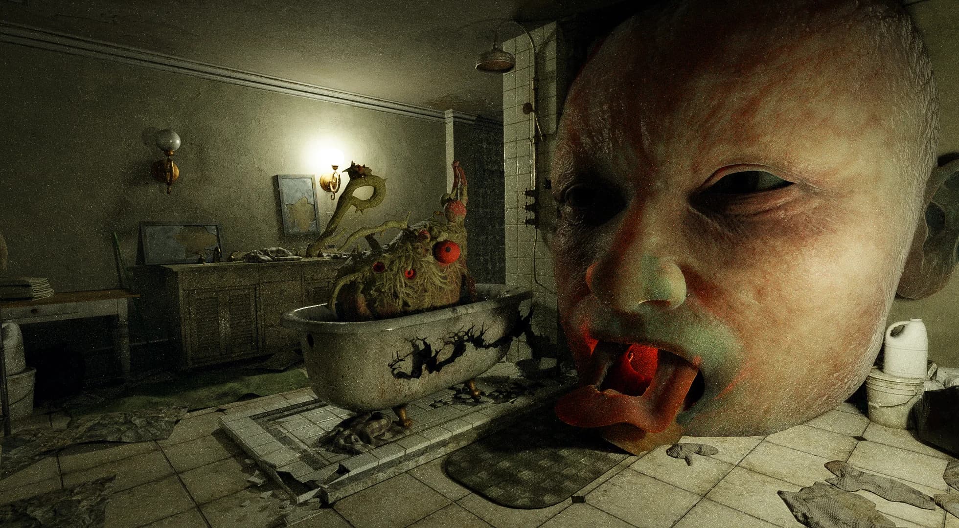 A colossal human face and mutated plant creature inside a decaying bathroom