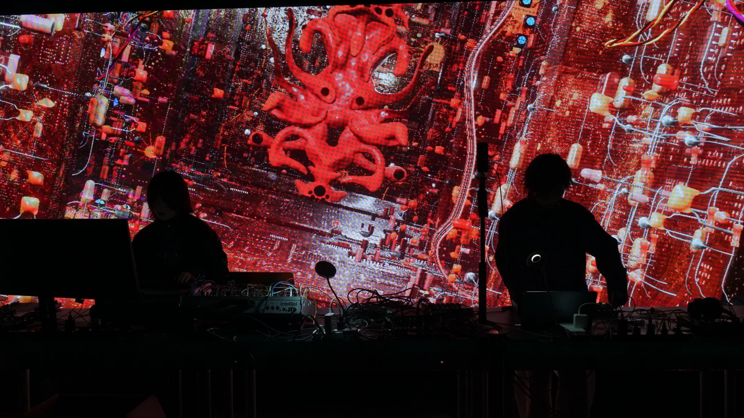Two performers silhouetted against responsive red visuals