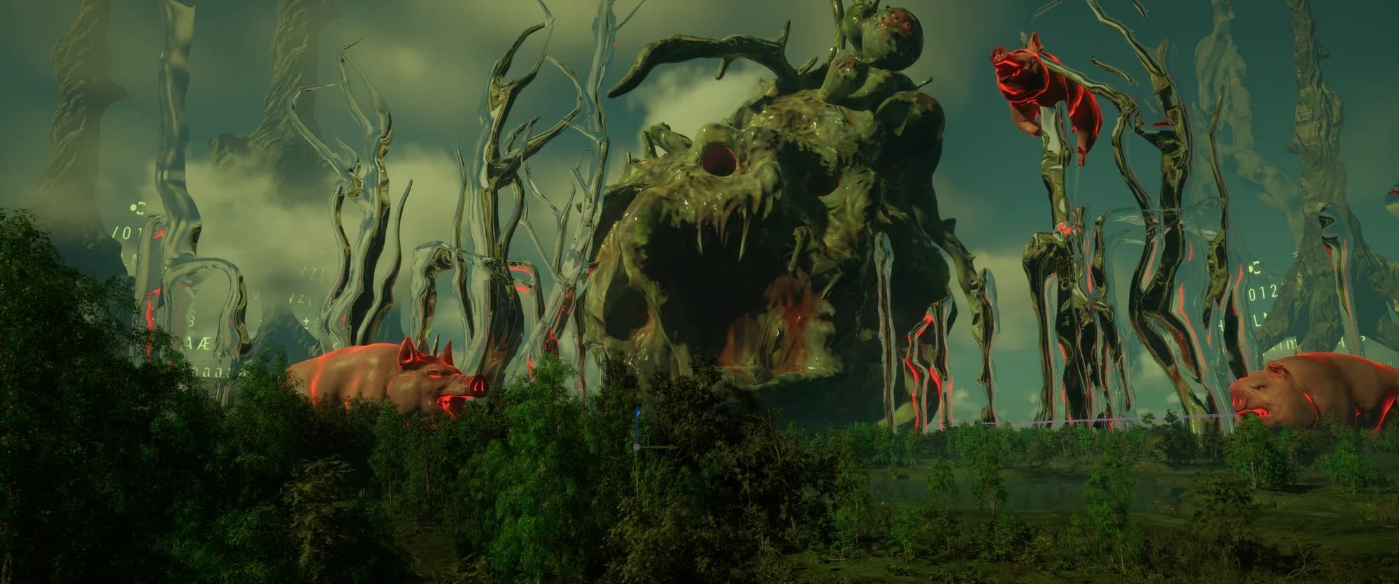 Mutated plant monster and red animals in a distorted forest