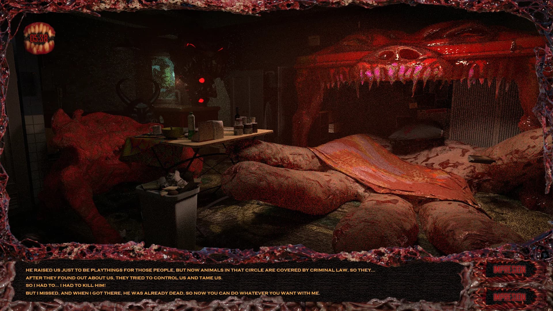 Plants Hunter dialogue interface framed by organic red tissue