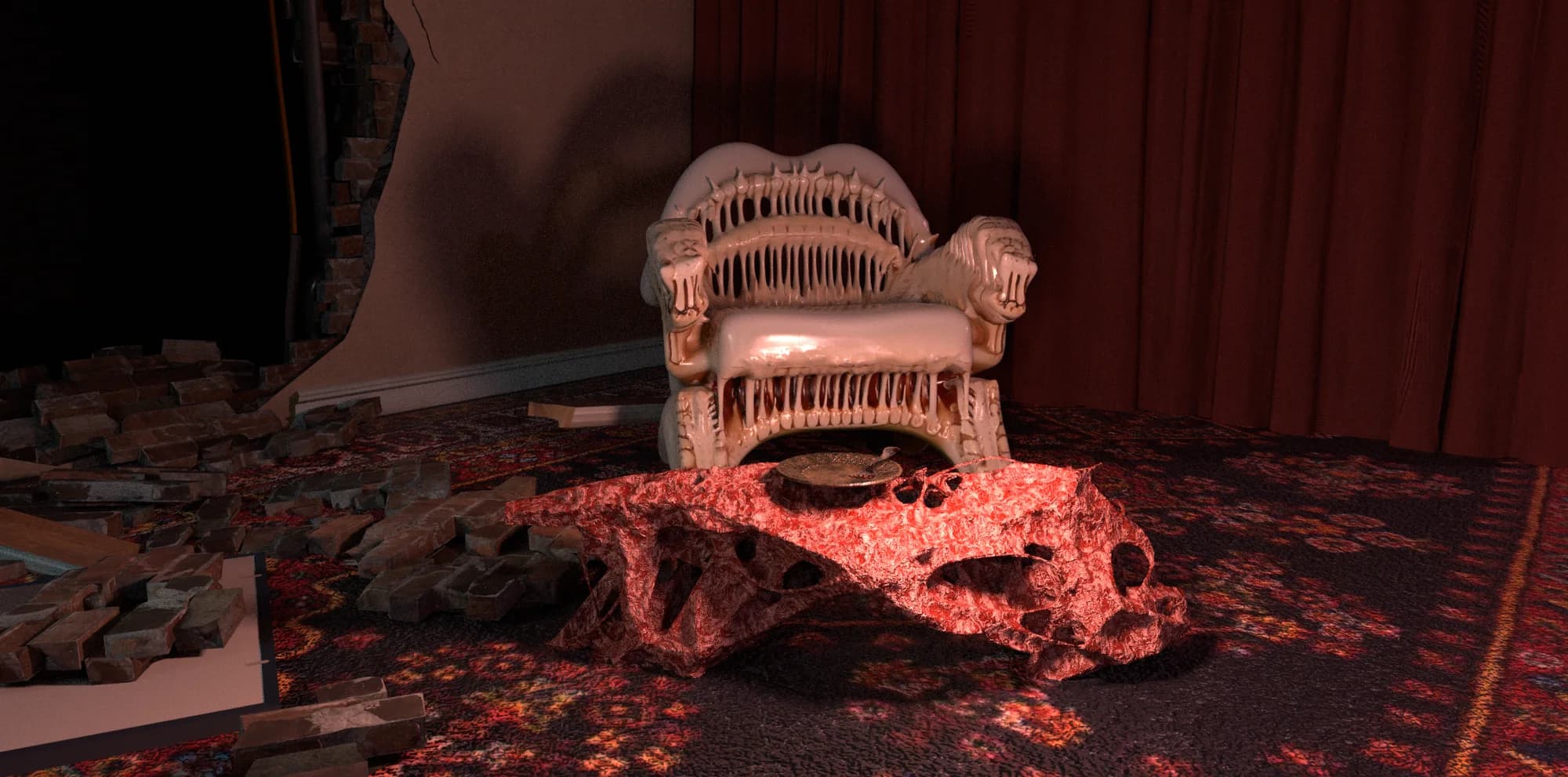 A fleshy table and tooth-covered chair in a dark red interior